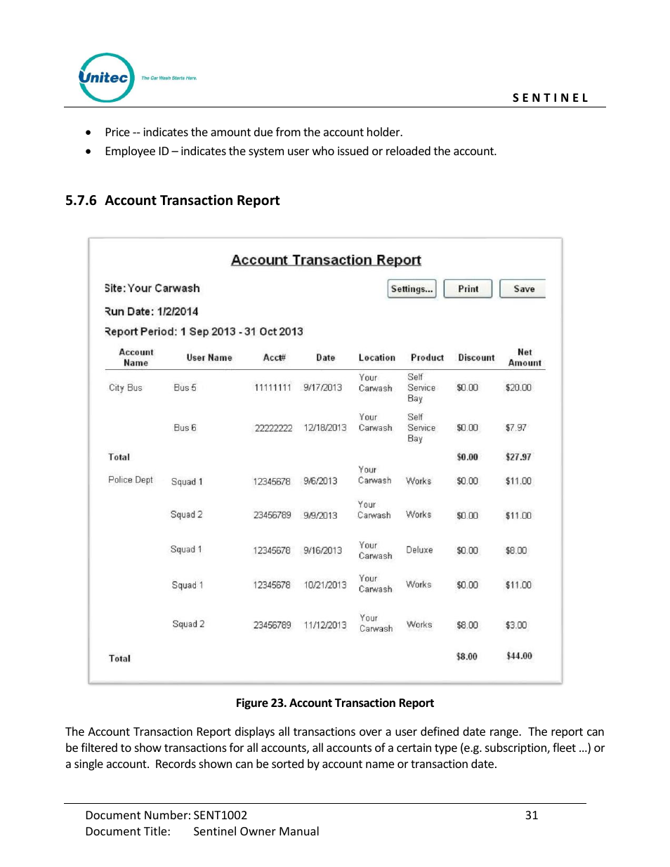 Account transaction report, Figure 23. account transaction report | Unitec Sentine Owner’s Manual User Manual | Page 41 / 100