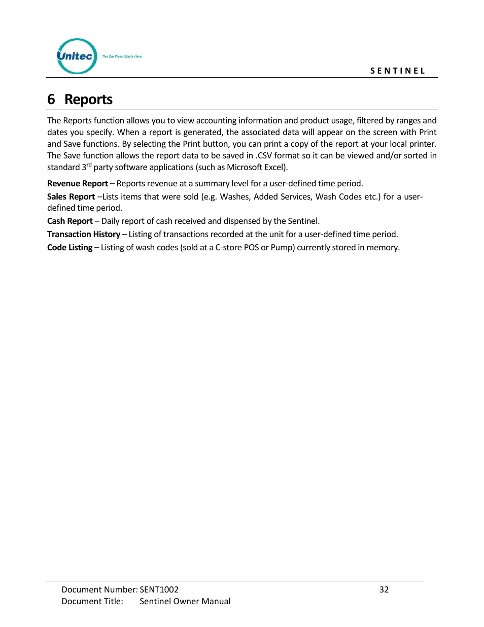 Reports, 6 reports | Unitec Sentine Owner’s Manual User Manual | Page 42 / 100