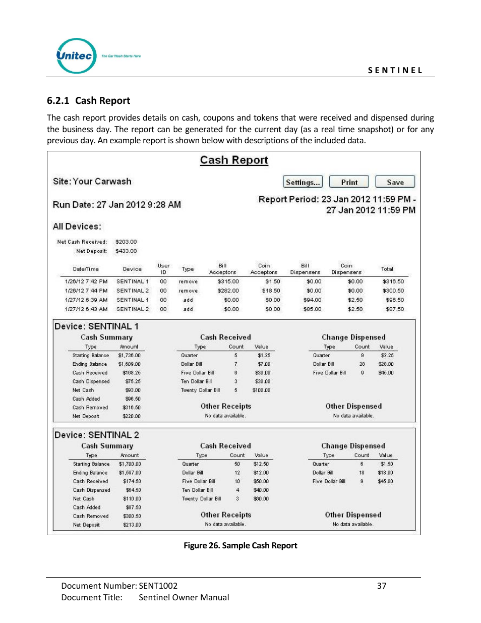 Cash report, Figure 26. sample cash report | Unitec Sentine Owner’s Manual User Manual | Page 47 / 100