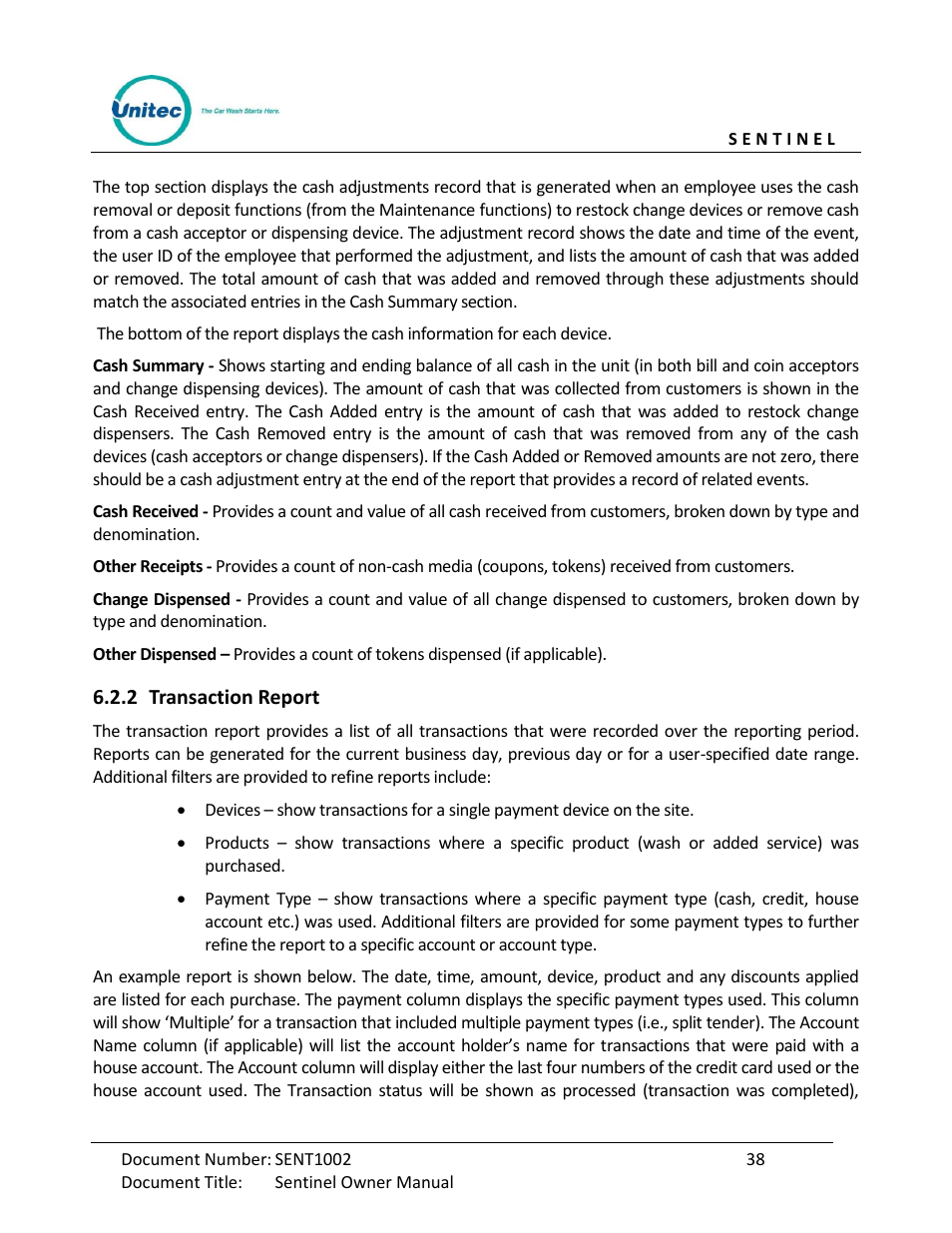 Transaction report | Unitec Sentine Owner’s Manual User Manual | Page 48 / 100