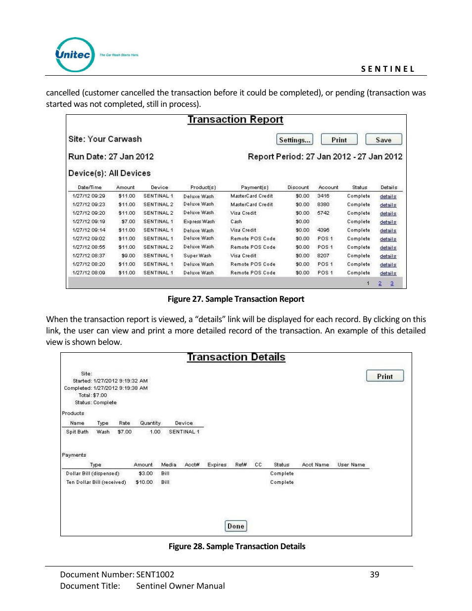 Figure 27. sample transaction report, Figure 28. sample transaction details | Unitec Sentine Owner’s Manual User Manual | Page 49 / 100