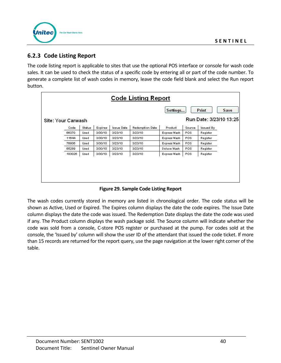 Code listing report, Figure 29. sample code listing report | Unitec Sentine Owner’s Manual User Manual | Page 50 / 100