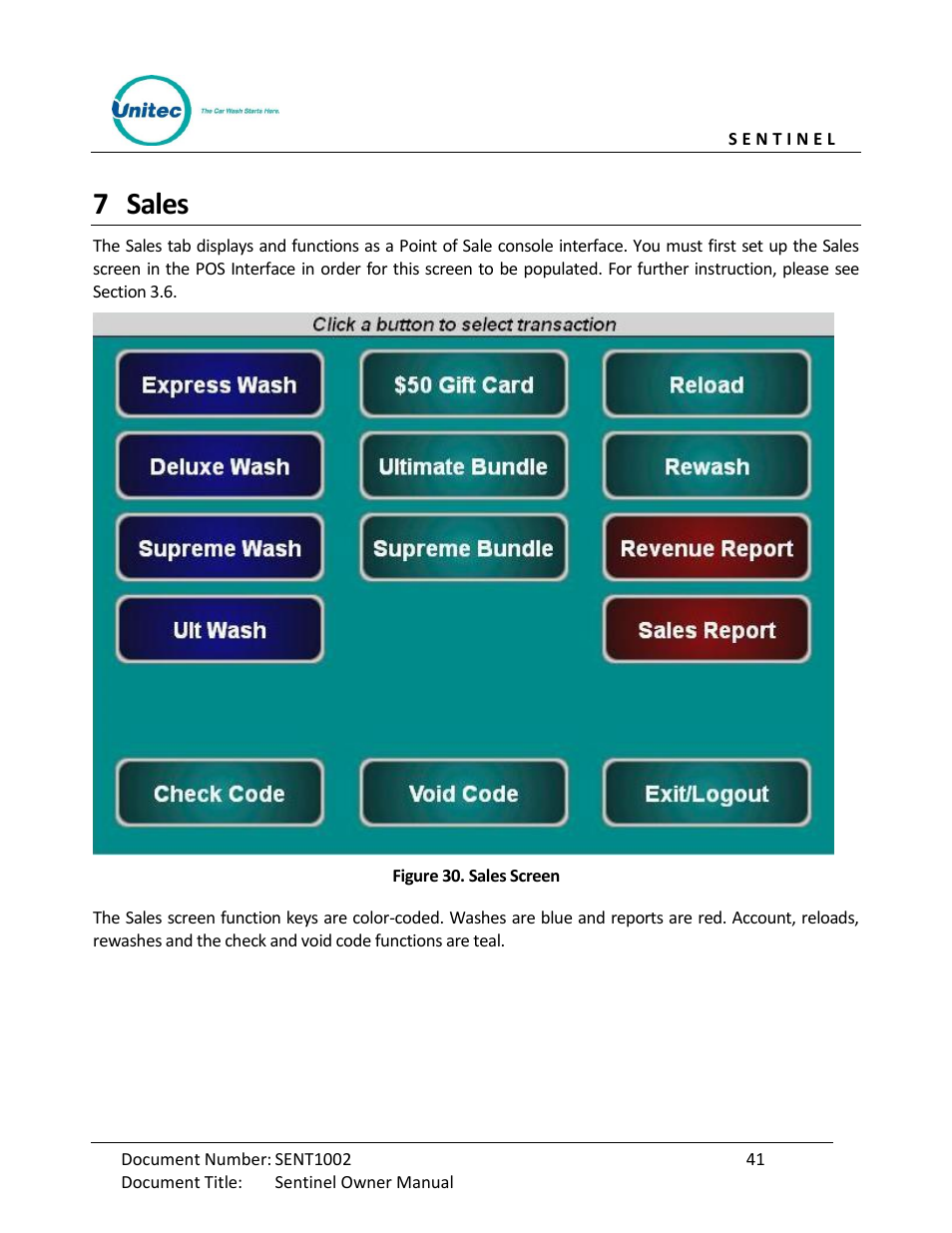 Sales, Figure 30. sales screen, 7 sales | Unitec Sentine Owner’s Manual User Manual | Page 51 / 100