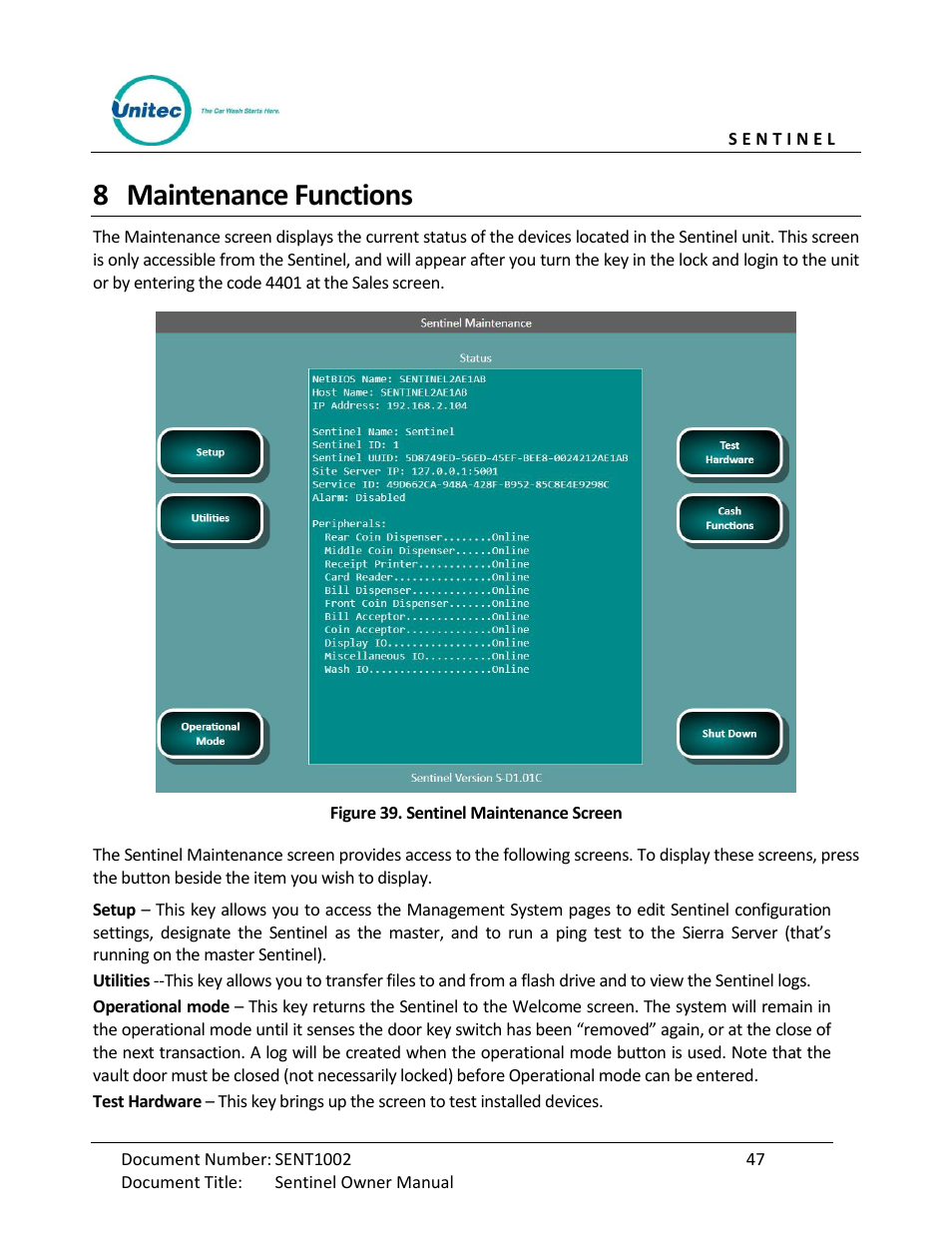 Maintenance functions, Figure 39. sentinel maintenance screen, 8 maintenance functions | Unitec Sentine Owner’s Manual User Manual | Page 57 / 100