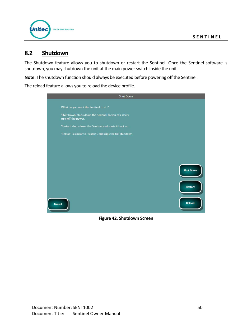 Shutdown, Figure 42. shutdown screen, 2 shutdown | Unitec Sentine Owner’s Manual User Manual | Page 60 / 100