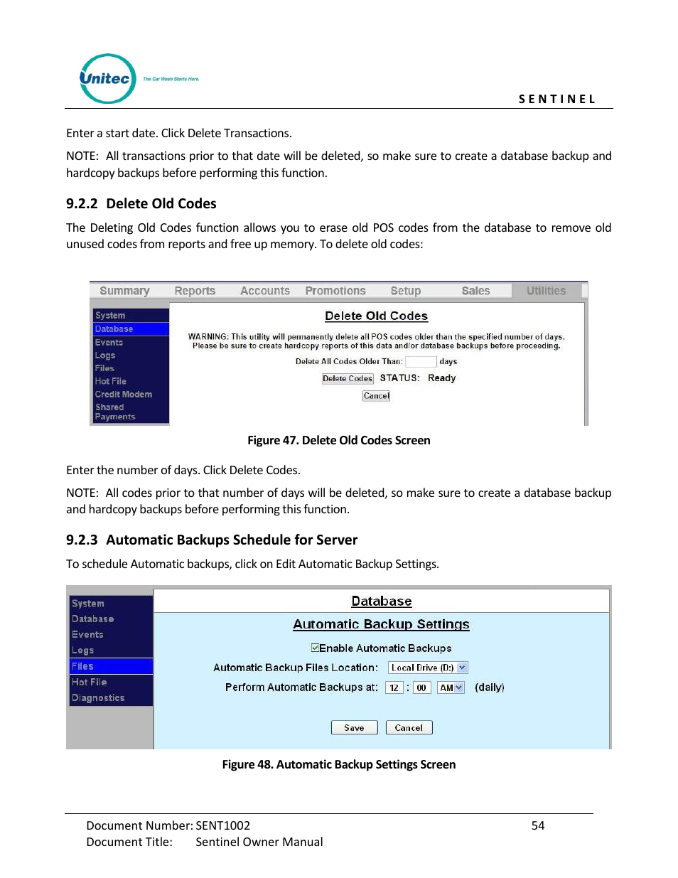 Delete old codes, Automatic backups schedule for server, Figure 47. delete old codes screen | Figure 48. automatic backup settings screen | Unitec Sentine Owner’s Manual User Manual | Page 64 / 100