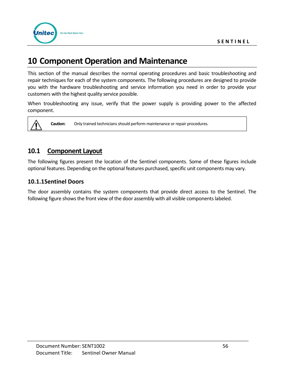Component operation and maintenance, Component layout, Sentinel doors | 10 component operation and maintenance, 1 component layout | Unitec Sentine Owner’s Manual User Manual | Page 66 / 100