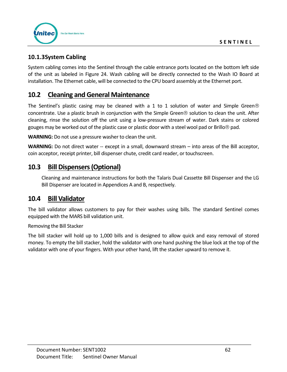 System cabling, Cleaning and general maintenance, Bill dispensers (optional) | Bill validator, 2 cleaning and general maintenance, 3 bill dispensers (optional), 4 bill validator | Unitec Sentine Owner’s Manual User Manual | Page 72 / 100