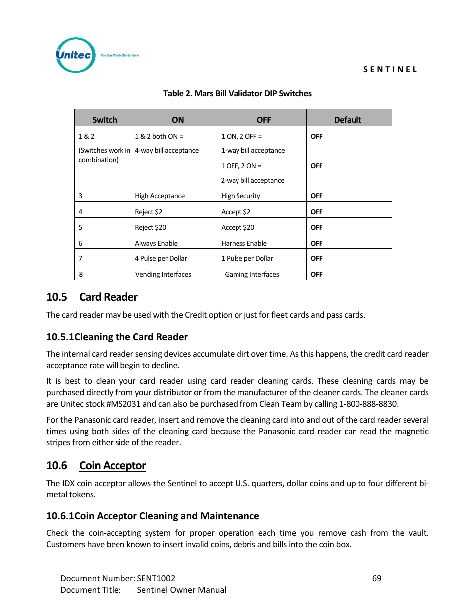 Card reader, Cleaning the card reader, Coin acceptor | Coin acceptor cleaning and maintenance, 5 card reader, 6 coin acceptor, 1 cleaning the card reader, 1 coin acceptor cleaning and maintenance | Unitec Sentine Owner’s Manual User Manual | Page 79 / 100