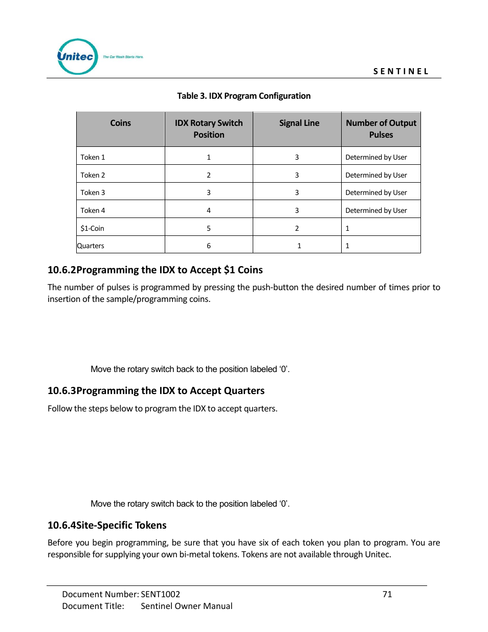 Programming the idx to accept $1 coins, Programming the idx to accept quarters, Site-specific tokens | 2 programming the idx to accept $1 coins, 3 programming the idx to accept quarters, 4 site-specific tokens | Unitec Sentine Owner’s Manual User Manual | Page 81 / 100