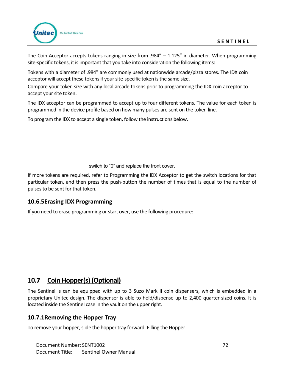 Erasing idx programming, Coin hopper(s) (optional), Removing the hopper tray | 7 coin hopper(s) (optional), 5 erasing idx programming, 1 removing the hopper tray | Unitec Sentine Owner’s Manual User Manual | Page 82 / 100