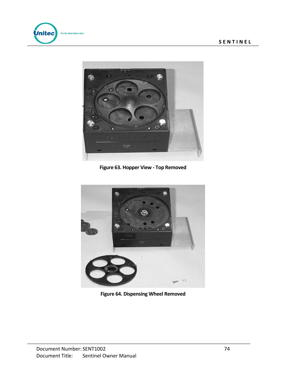 Figure 63. hopper view - top removed, Figure 64. dispensing wheel removed | Unitec Sentine Owner’s Manual User Manual | Page 84 / 100