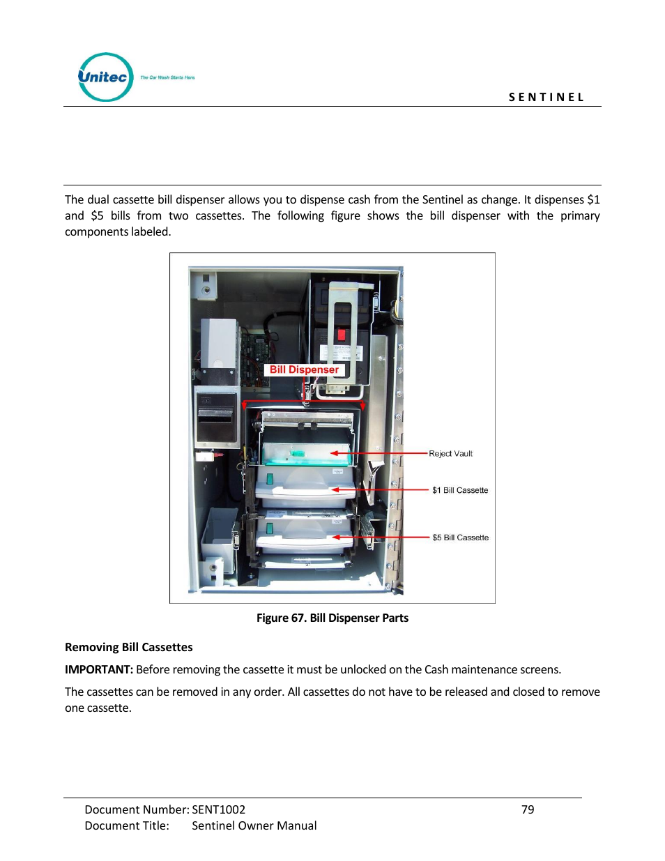 Figure 67. bill dispenser parts | Unitec Sentine Owner’s Manual User Manual | Page 89 / 100