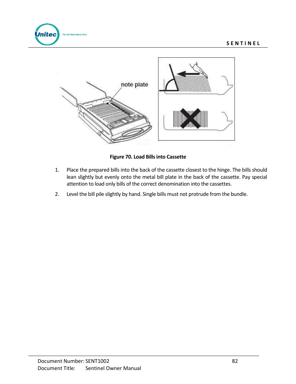 Figure 70. load bills into cassette | Unitec Sentine Owner’s Manual User Manual | Page 92 / 100