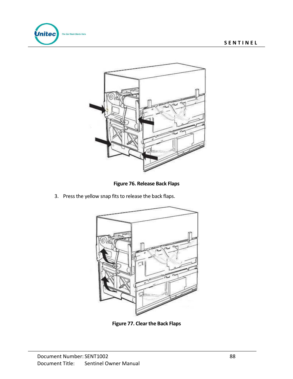 Figure 76. release back flaps, Figure 77. clear the back flaps | Unitec Sentine Owner’s Manual User Manual | Page 98 / 100