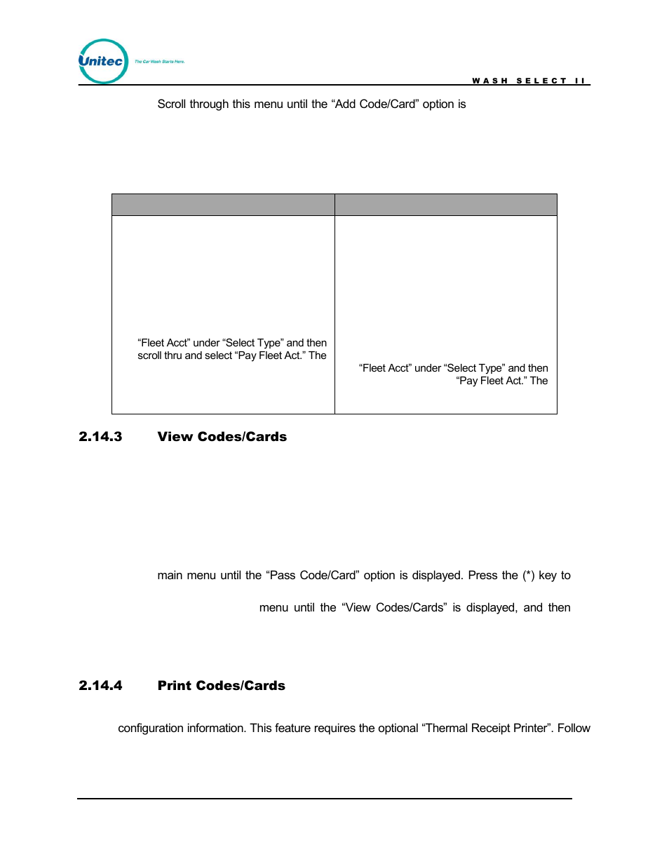 View codes/cards, Print codes/cards, Table 12. programming pass codes/cards | Unitec Wash Select II POS Owner’s Manual User Manual | Page 101 / 214