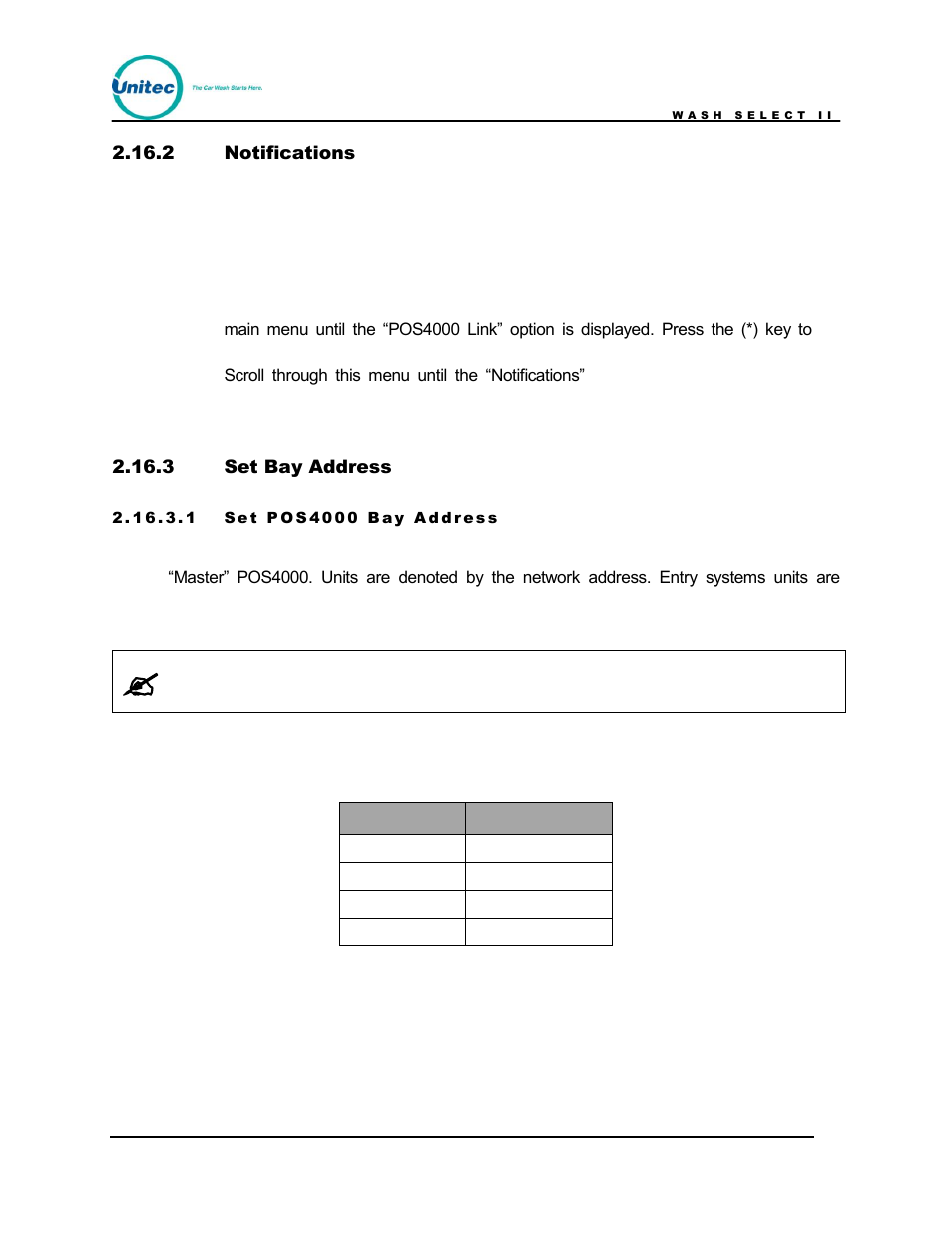 Notifications, Set bay address, Table 15. pos4000 bay numbering | Unitec Wash Select II POS Owner’s Manual User Manual | Page 109 / 214