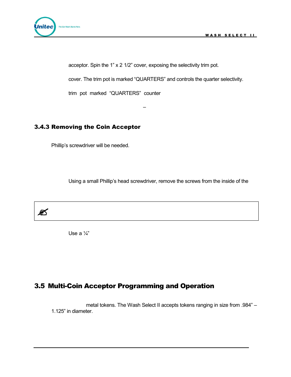 Removing the coin acceptor, Multi-coin acceptor programming and operation, 5 multi-coin acceptor programming and operation | Unitec Wash Select II POS Owner’s Manual User Manual | Page 132 / 214