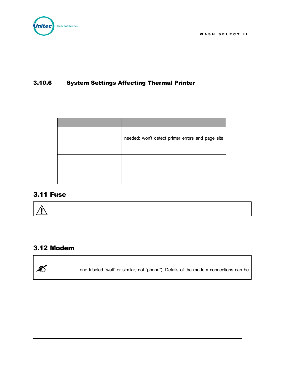 System settings affecting thermal printer, Fuse, Modem | 11 fuse, 12 modem | Unitec Wash Select II POS Owner’s Manual User Manual | Page 153 / 214