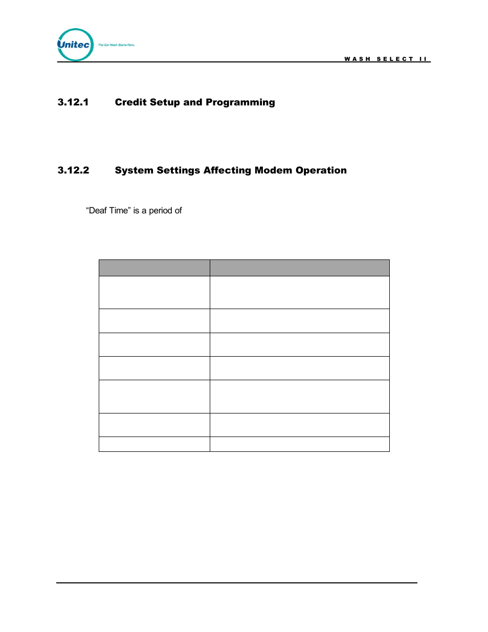 Credit setup and programming, System settings affecting modem operation, Table 31. modem related system settings | 1 credit setup and programming, 2 system settings affecting modem operation, Setting effect | Unitec Wash Select II POS Owner’s Manual User Manual | Page 154 / 214