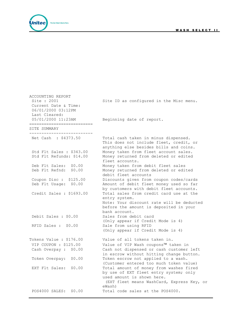 Appendix b, Wash select ii accounting report, Appendix b. wash select ii accounting report | Unitec Wash Select II POS Owner’s Manual User Manual | Page 157 / 214