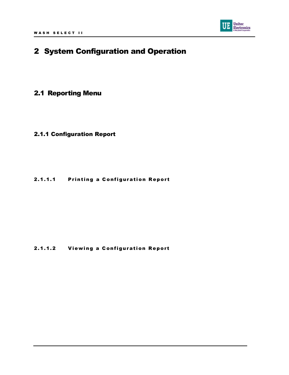 System configuration and operation, Reporting menu, Configuration report | 2 system configuration and operation, 1 reporting menu | Unitec Wash Select II POS Owner’s Manual User Manual | Page 19 / 214