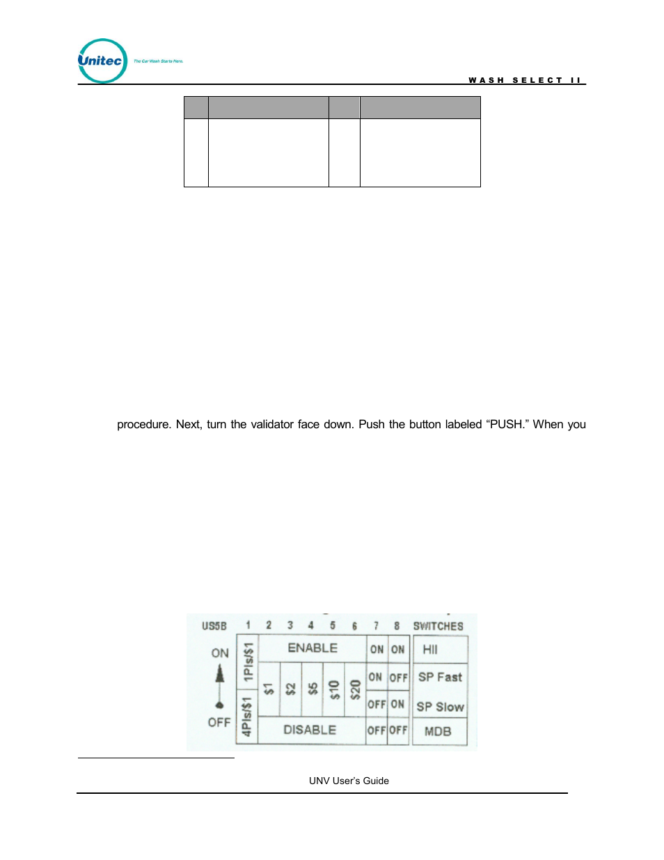 Table 36. cashcode dip switch settings, Description # description, Removing the cashcode from the wash select ii | Cleaning and general maintenance, Programming the cashcode validator | Unitec Wash Select II POS Owner’s Manual User Manual | Page 204 / 214