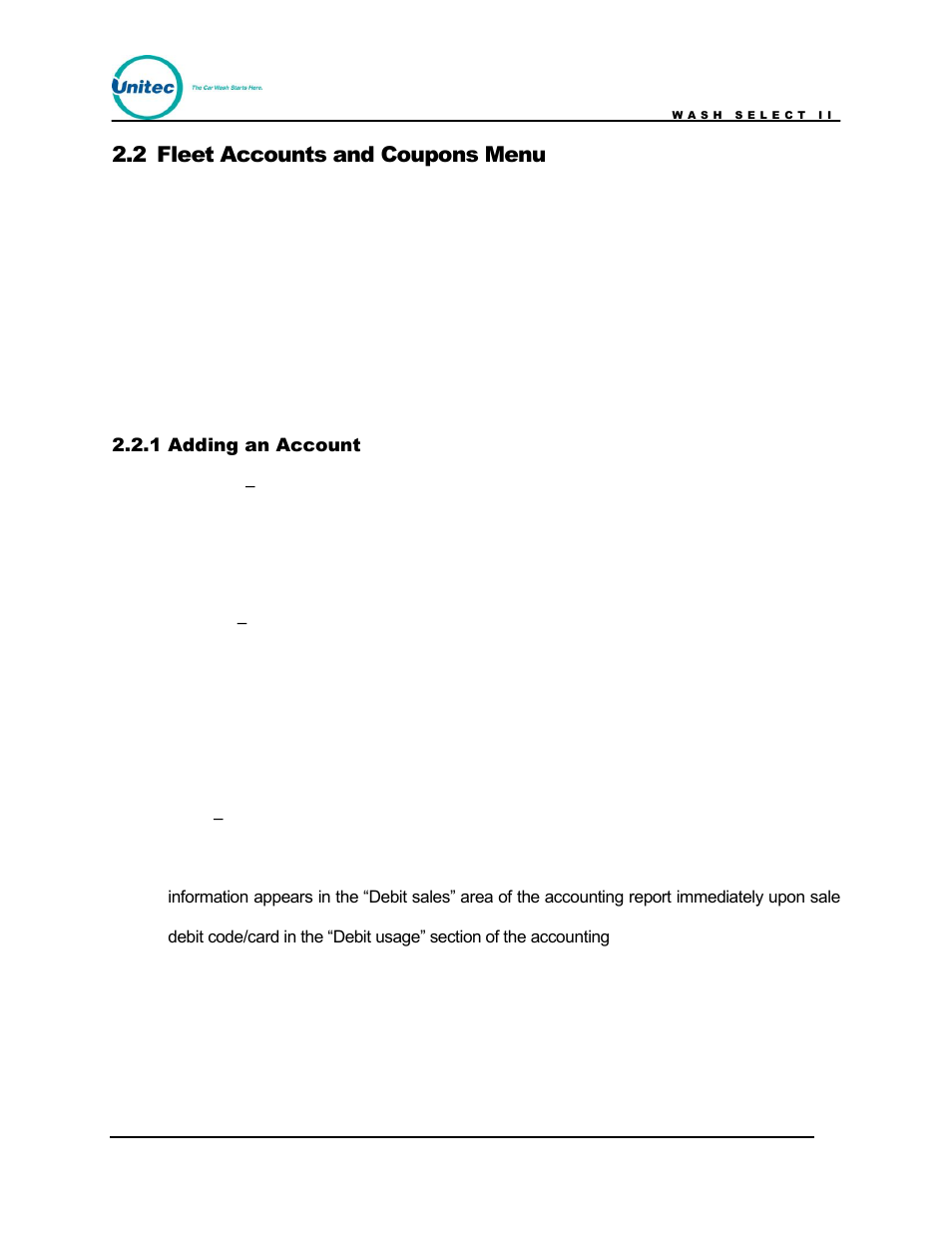 Fleet accounts and coupons menu, Adding an account, 2 fleet accounts and coupons menu | 1 adding an account | Unitec Wash Select II POS Owner’s Manual User Manual | Page 21 / 214