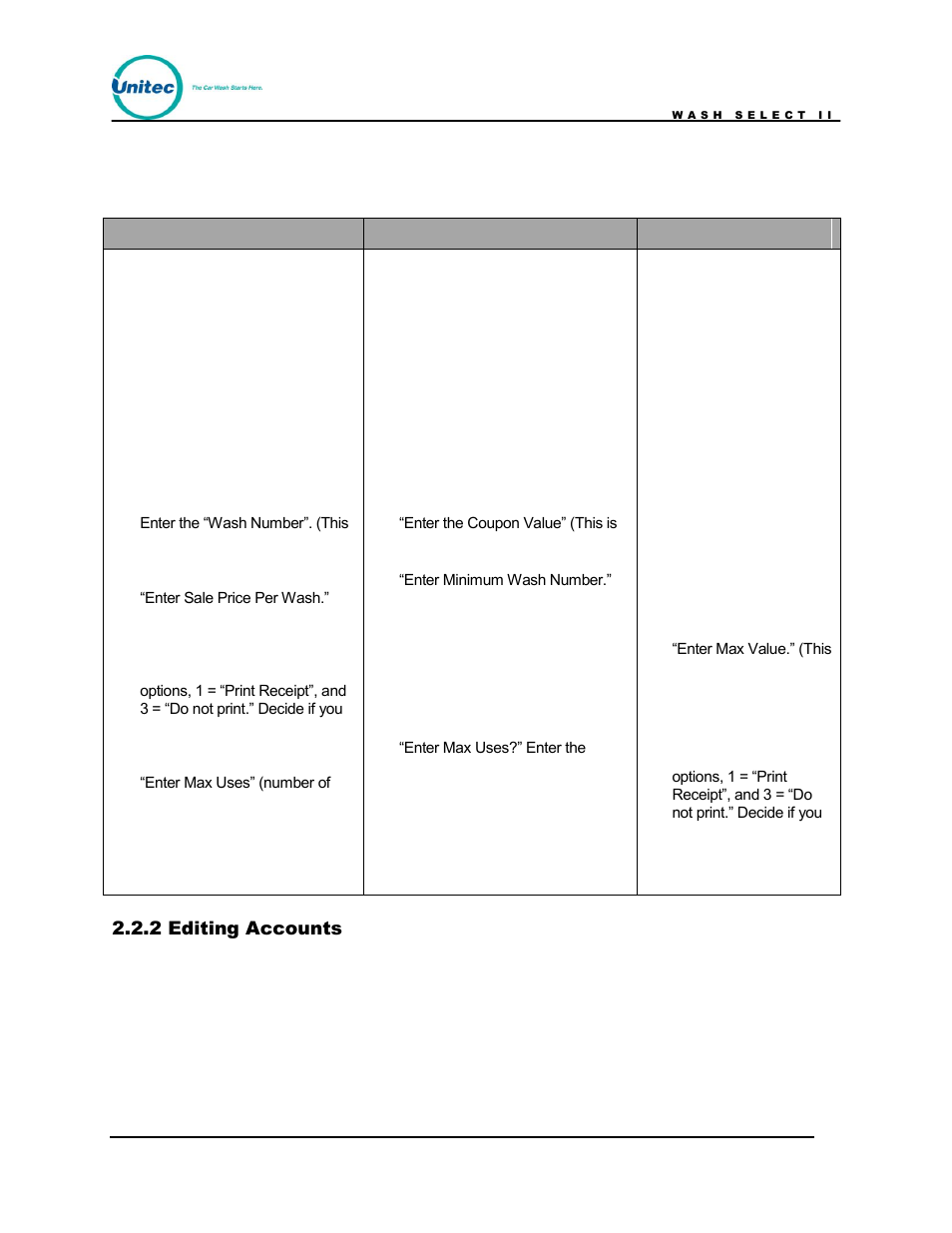 Editing accounts, Table 1. programming fleets and coupons, 1 = std (standard) 2 = coupon 3 = debit | 2 editing accounts | Unitec Wash Select II POS Owner’s Manual User Manual | Page 22 / 214