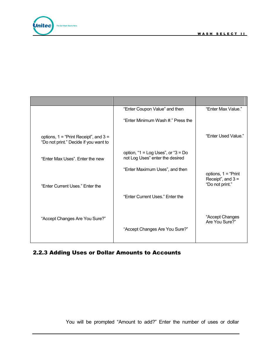 Adding uses or dollar amounts to accounts, Table 2. editing fleets and coupons | Unitec Wash Select II POS Owner’s Manual User Manual | Page 23 / 214