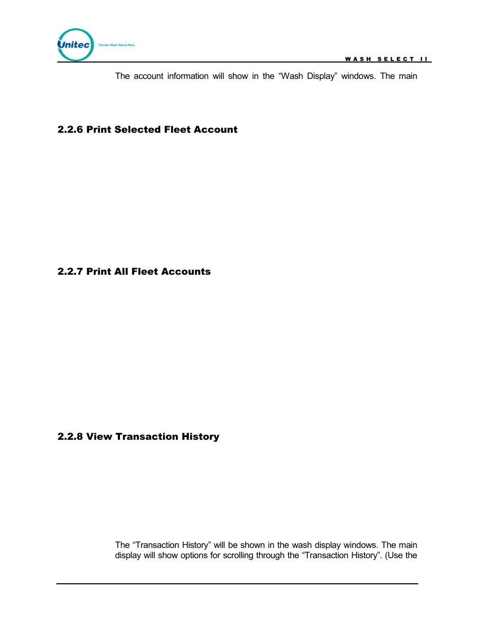 Print selected fleet account, Print all fleet accounts, View transaction history | Unitec Wash Select II POS Owner’s Manual User Manual | Page 25 / 214