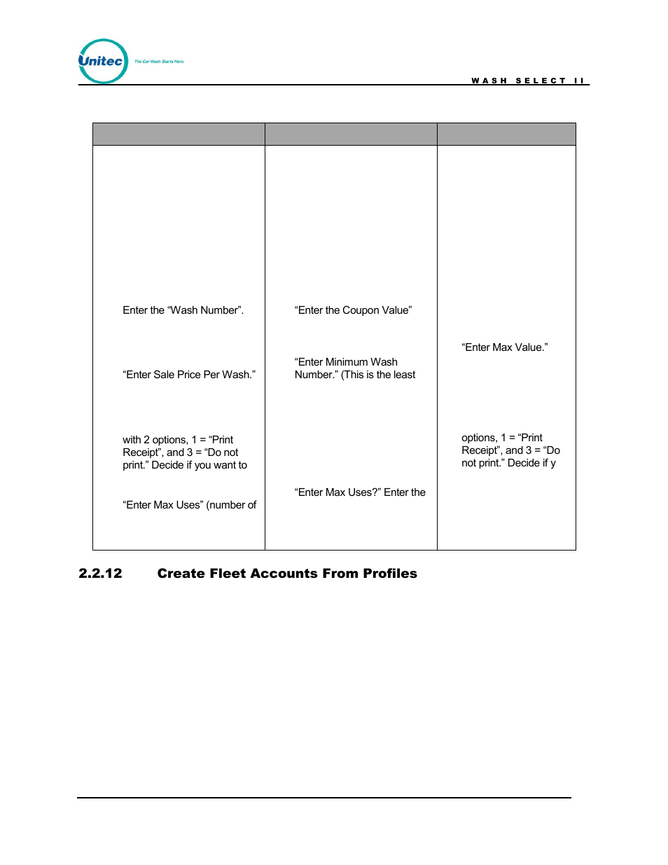 Create fleet accounts from profiles, Table 3. creating/editing a profile | Unitec Wash Select II POS Owner’s Manual User Manual | Page 28 / 214