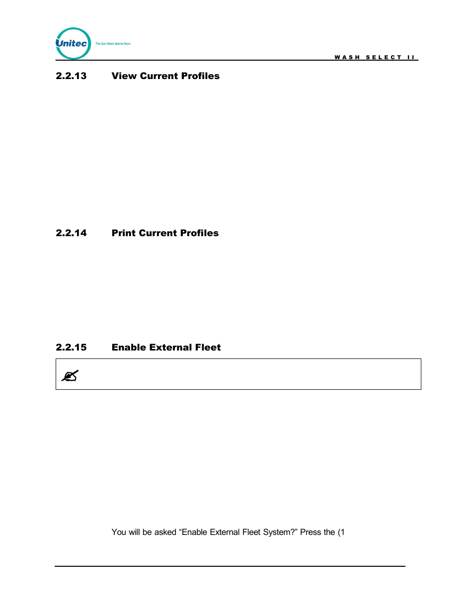 View current profiles, Print current profiles, Enable external fleet | Unitec Wash Select II POS Owner’s Manual User Manual | Page 29 / 214