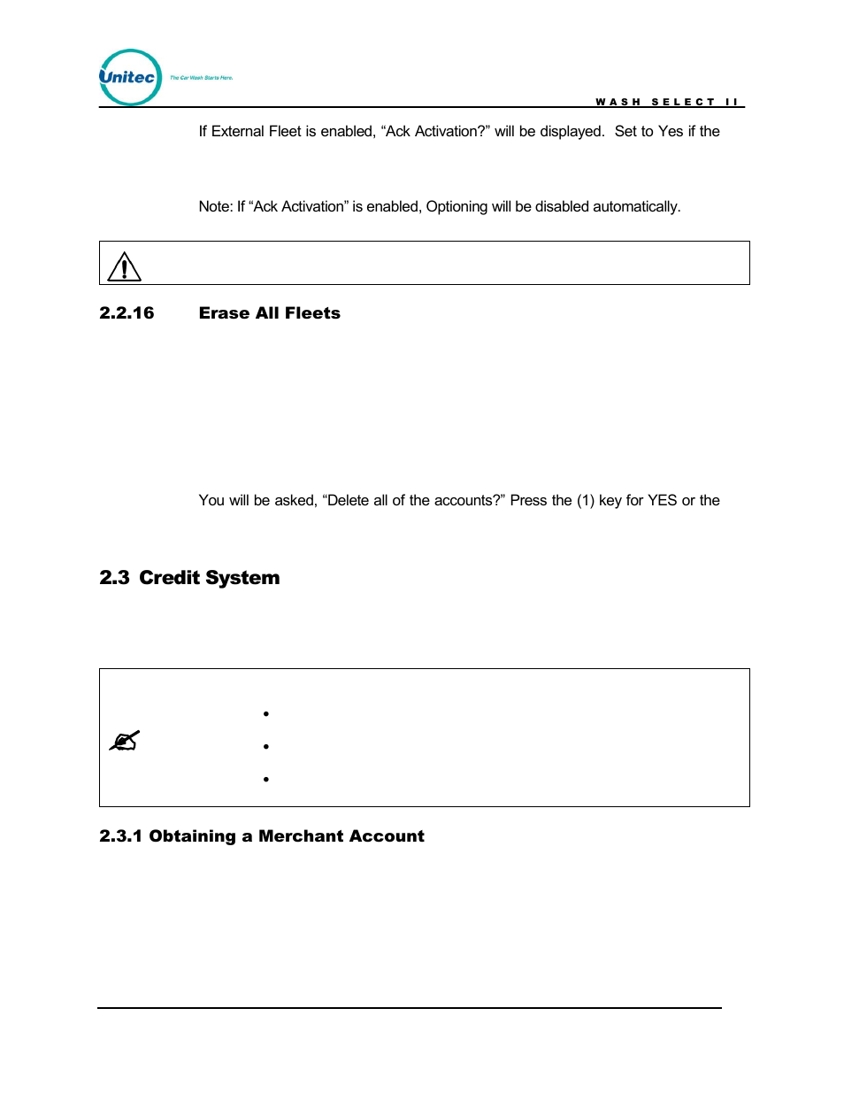 Erase all fleets, Credit system, Obtaining a merchant account | 3 credit system | Unitec Wash Select II POS Owner’s Manual User Manual | Page 30 / 214