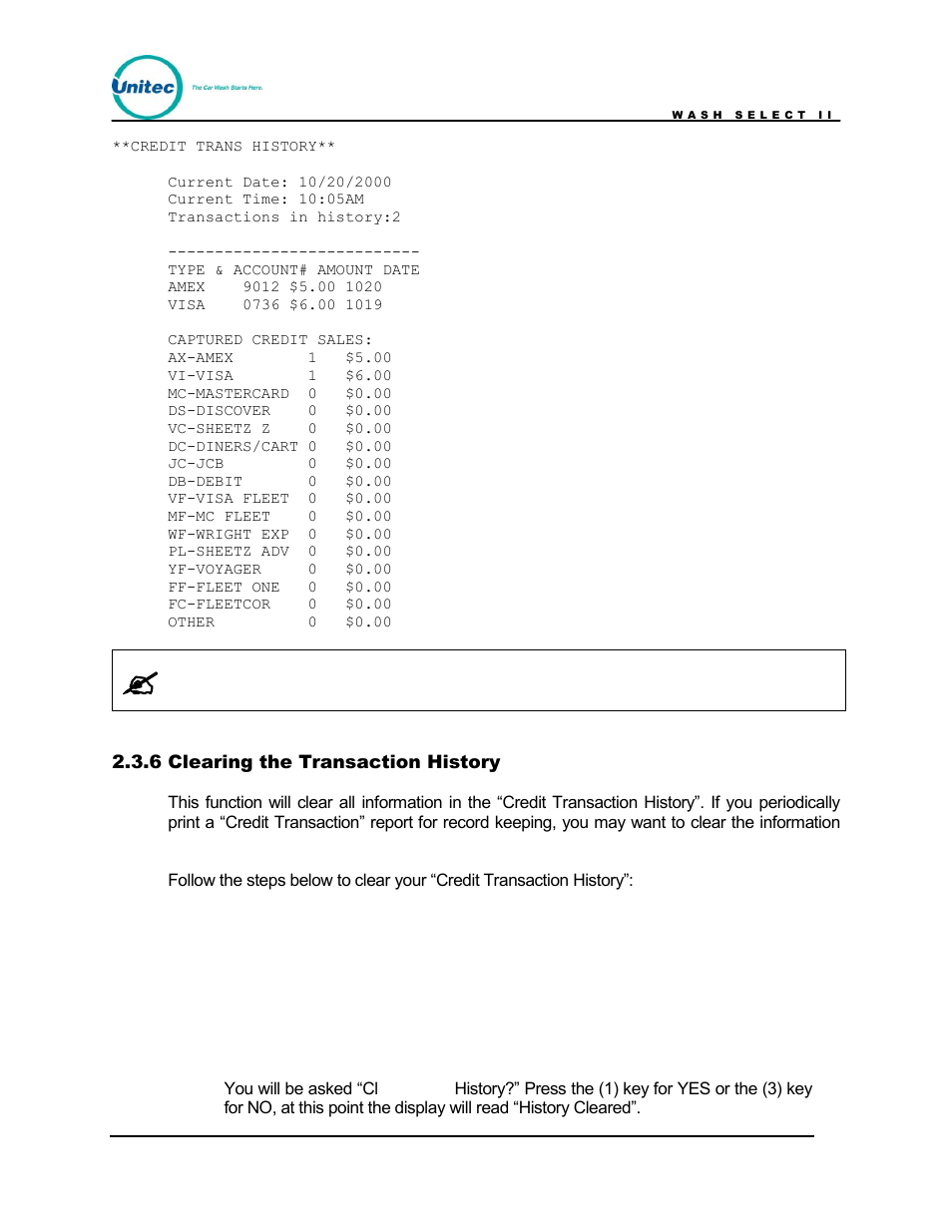 Clearing the transaction history | Unitec Wash Select II POS Owner’s Manual User Manual | Page 34 / 214