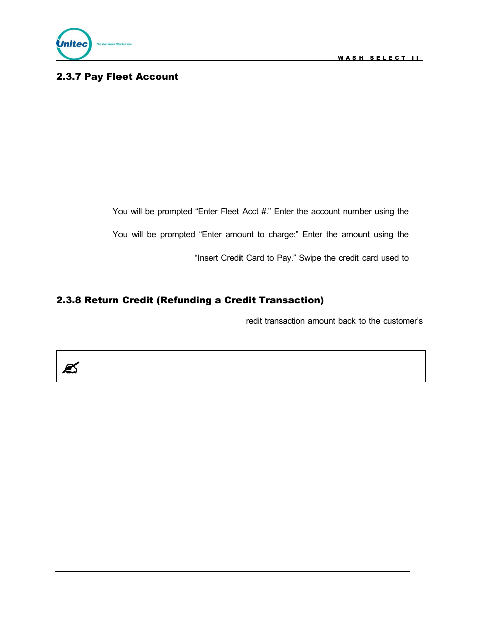 Pay fleet account, Return credit (refunding a credit transaction) | Unitec Wash Select II POS Owner’s Manual User Manual | Page 35 / 214