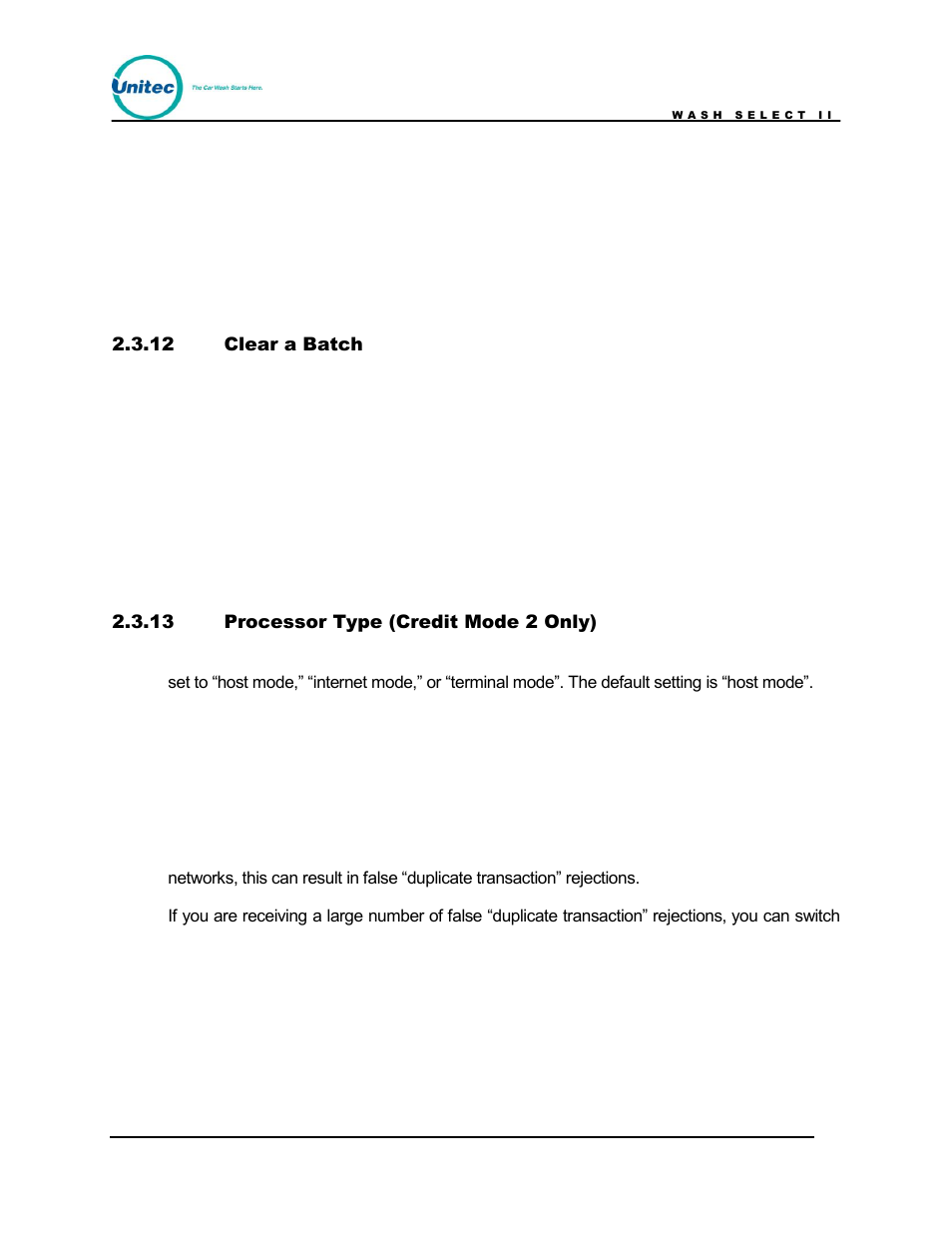 Clear a batch, Processor type (credit mode 2 only) | Unitec Wash Select II POS Owner’s Manual User Manual | Page 37 / 214