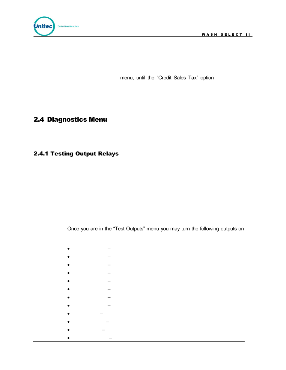 Diagnostics menu, Testing output relays, 4 diagnostics menu | Unitec Wash Select II POS Owner’s Manual User Manual | Page 43 / 214