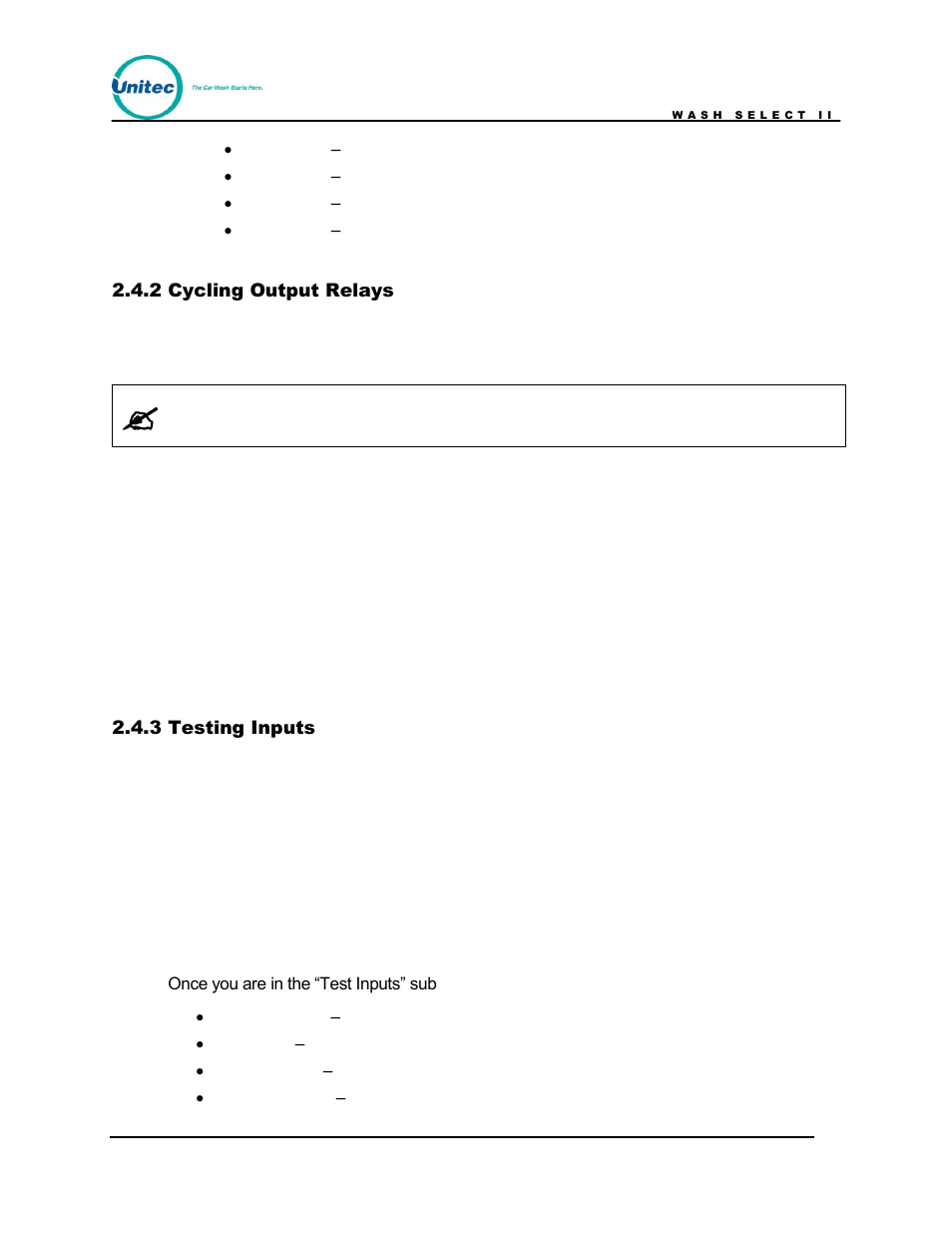 Cycling output relays, Testing inputs | Unitec Wash Select II POS Owner’s Manual User Manual | Page 44 / 214