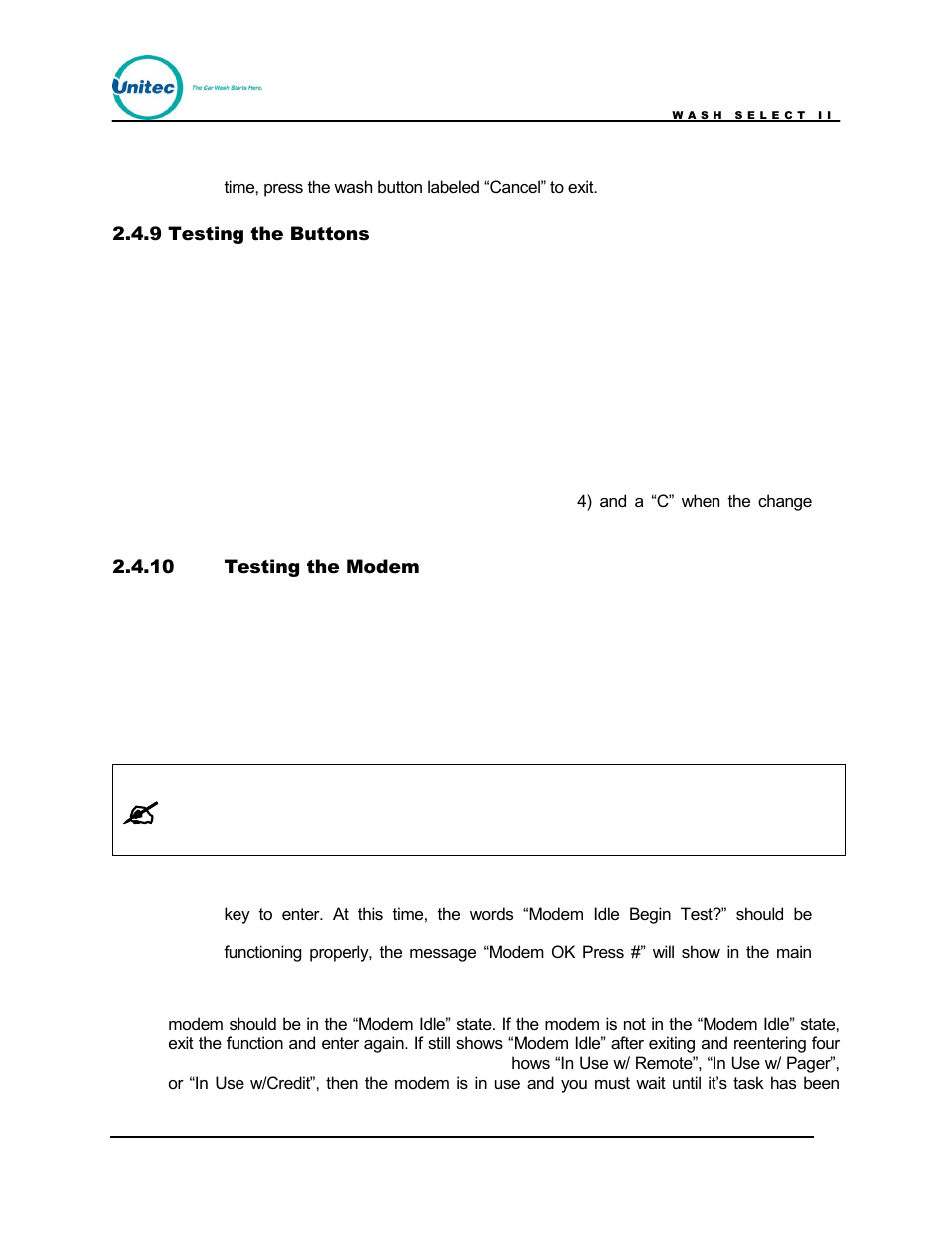 Testing the buttons, Testing the modem | Unitec Wash Select II POS Owner’s Manual User Manual | Page 50 / 214