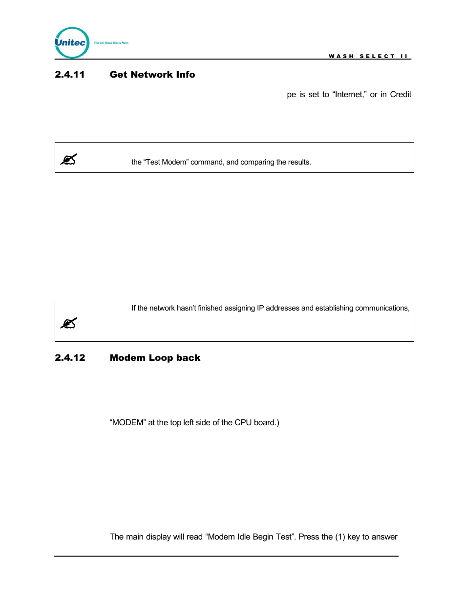 Get network info, Modem loop back | Unitec Wash Select II POS Owner’s Manual User Manual | Page 51 / 214