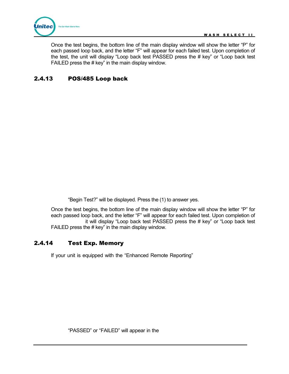 Pos/485 loop back, Test exp. memory | Unitec Wash Select II POS Owner’s Manual User Manual | Page 52 / 214
