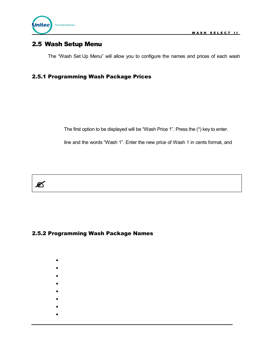 Wash setup menu, Programming wash package prices, Programming wash package names | 5 wash setup menu | Unitec Wash Select II POS Owner’s Manual User Manual | Page 53 / 214