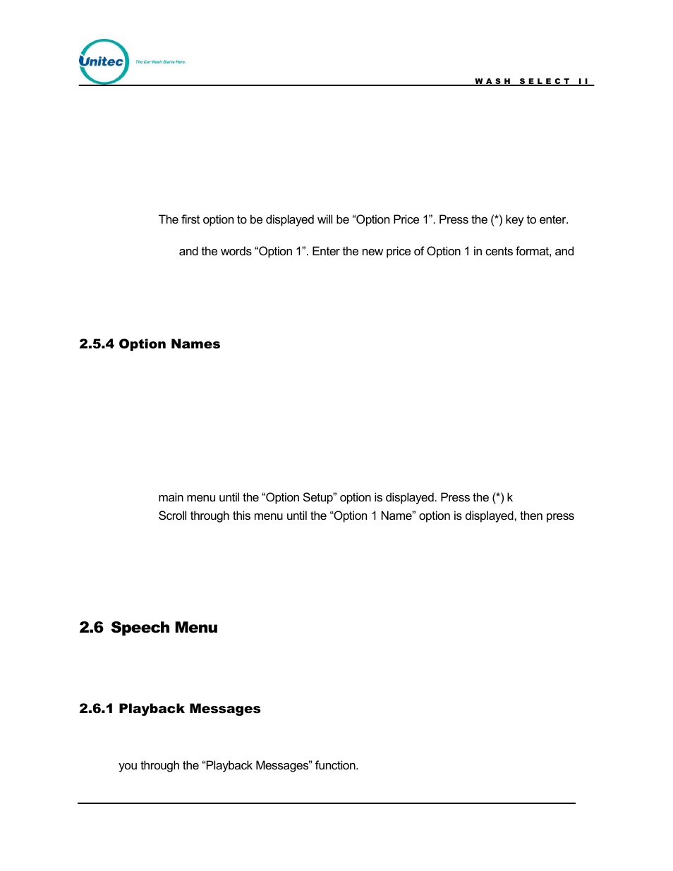 Option names, Speech menu, Playback messages | 6 speech menu | Unitec Wash Select II POS Owner’s Manual User Manual | Page 55 / 214