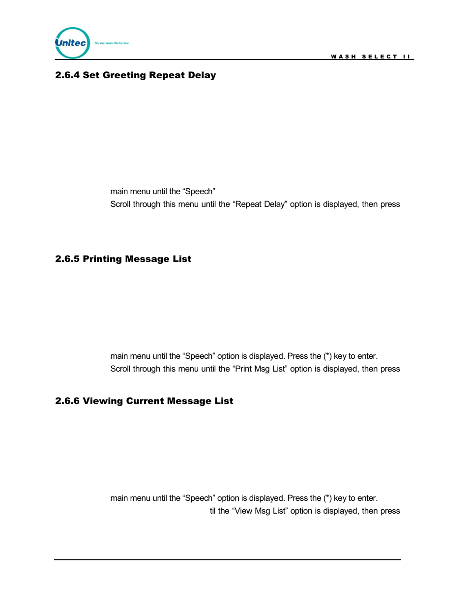 Set greeting repeat delay, Printing message list, Viewing current message list | Unitec Wash Select II POS Owner’s Manual User Manual | Page 57 / 214