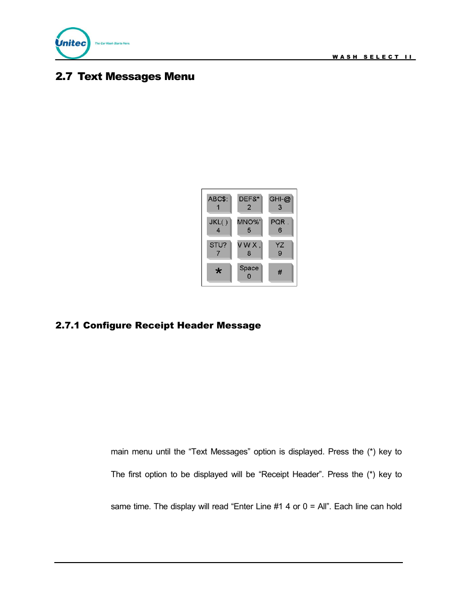 Text messages menu, Configure receipt header message, Figure 4. alternate keypad functions | 7 text messages menu, 1 configure receipt header message | Unitec Wash Select II POS Owner’s Manual User Manual | Page 58 / 214