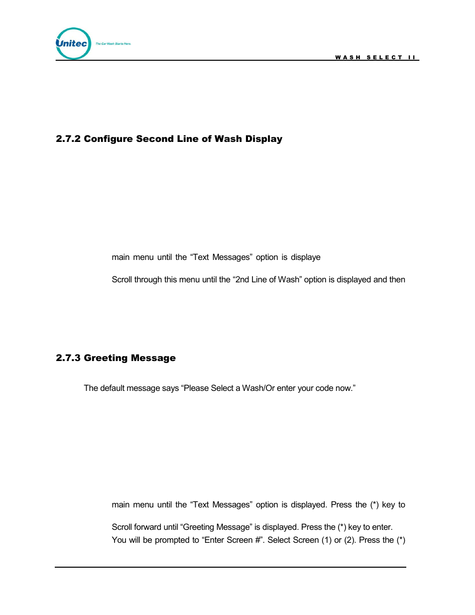 Configure second line of wash display, Greeting message | Unitec Wash Select II POS Owner’s Manual User Manual | Page 59 / 214