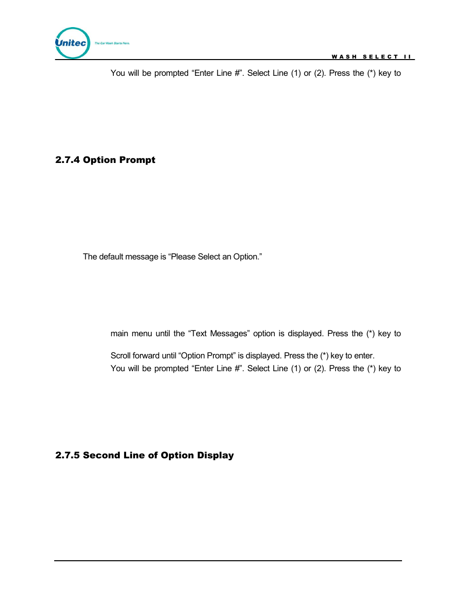 Option prompt, Second line of option display | Unitec Wash Select II POS Owner’s Manual User Manual | Page 60 / 214