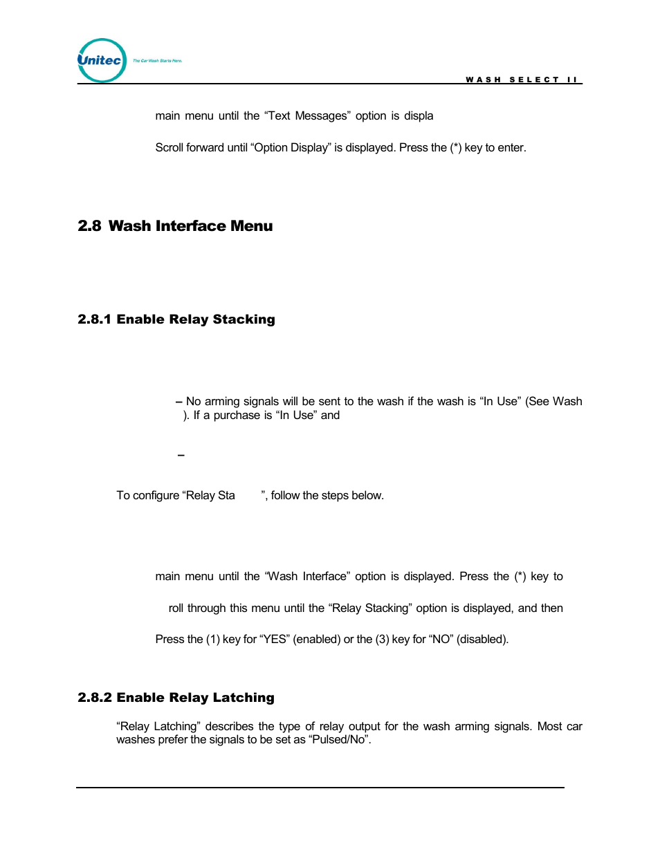Wash interface menu, Enable relay stacking, Enable relay latching | 8 wash interface menu | Unitec Wash Select II POS Owner’s Manual User Manual | Page 61 / 214