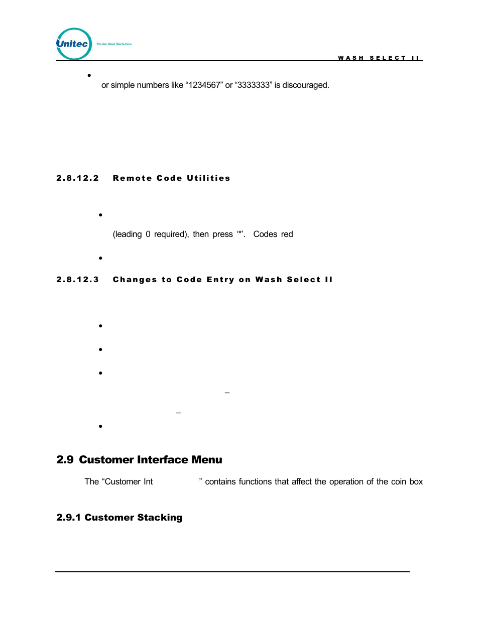 Customer interface menu, Customer stacking, 9 customer interface menu | Unitec Wash Select II POS Owner’s Manual User Manual | Page 71 / 214